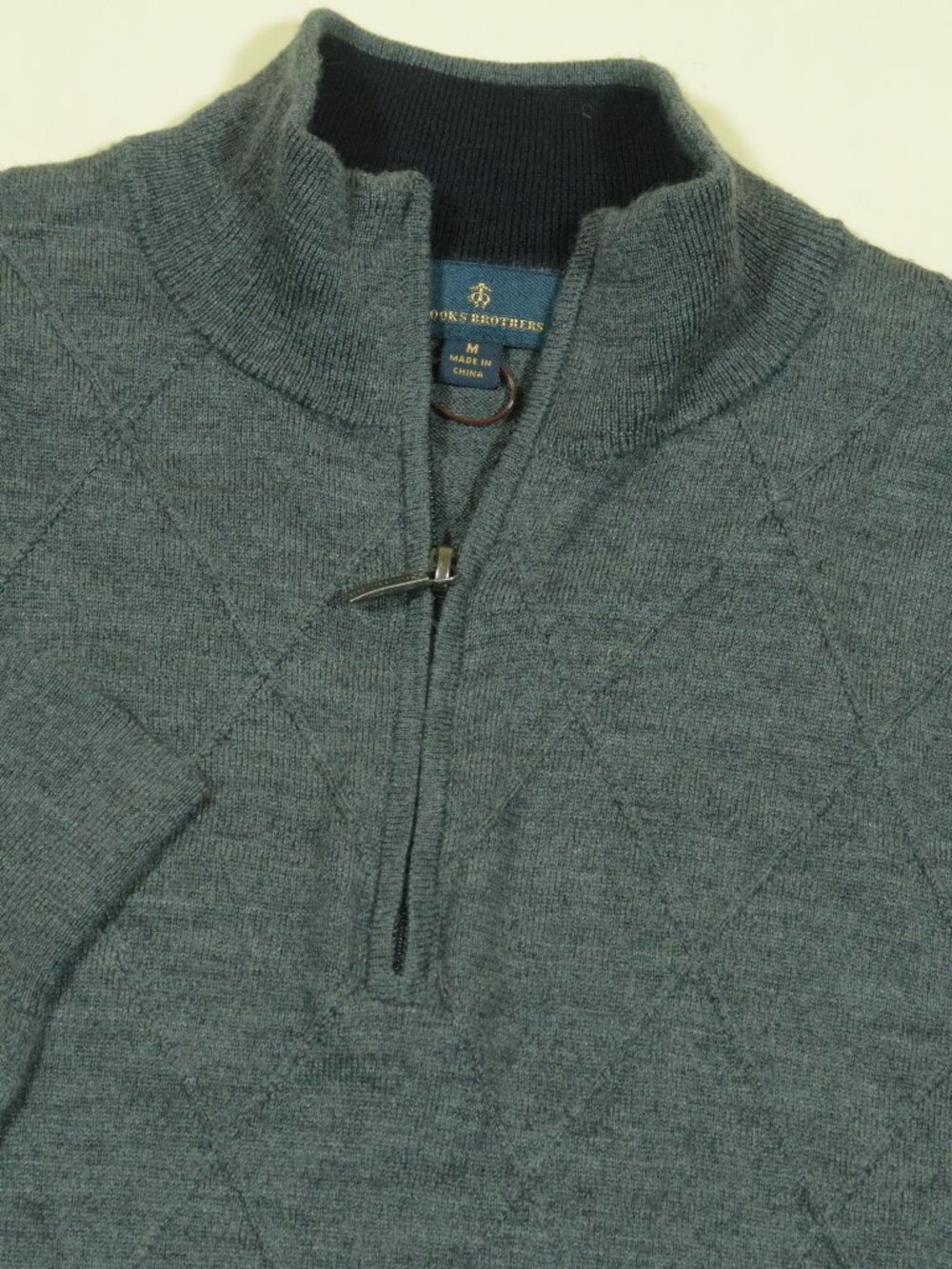 Brooks Brothers Merino Wool 1/4 Zip Sweater M Gray Diamond Weave Lightweight